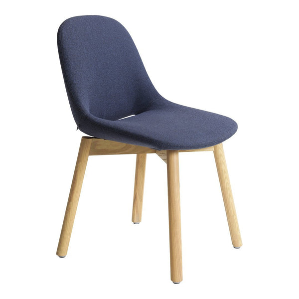 Navy blue upholstered chair with smooth curves and natural wooden legs, perfect for modern decor.