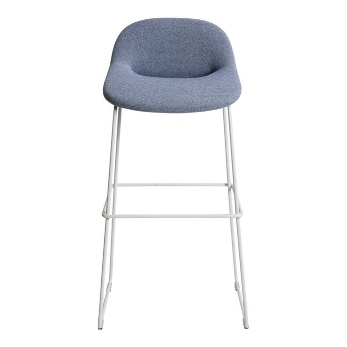 Light blue upholstered bar stool with a sleek white metal frame and minimalist design. Ideal for modern decor.