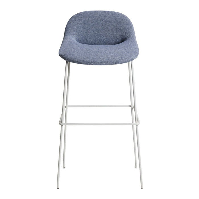 Light blue upholstered bar stool with a smooth texture and minimalist white metal legs. Perfect for modern decor.
