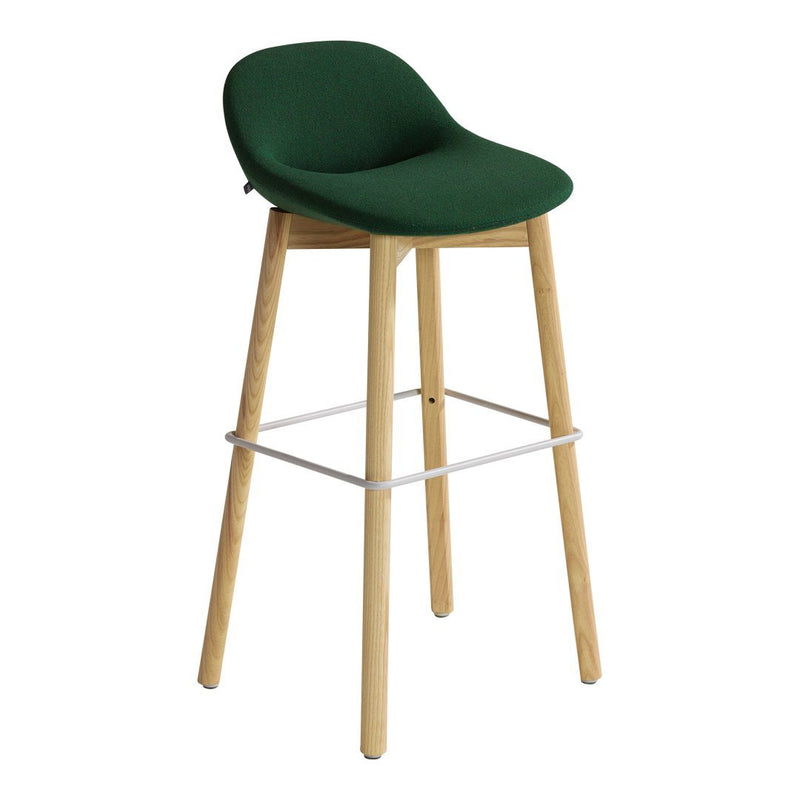 Green upholstered bar stool with a natural wood frame and white cross support. Ideal for modern decor.
