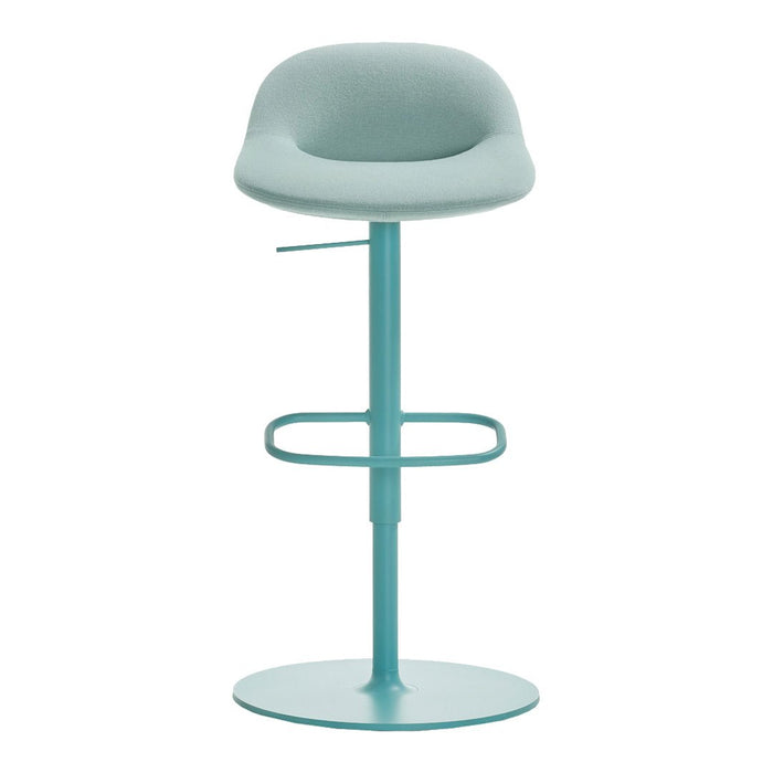 Aqua blue bar stool with a smooth, curved seat and minimalist design. Ideal for modern spaces.