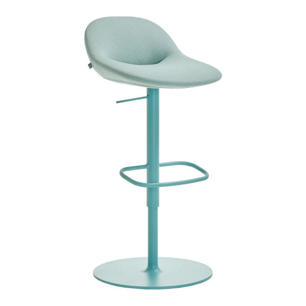 Aqua blue bar stool with smooth, minimalist design and a rounded seat, perfect for modern interiors.