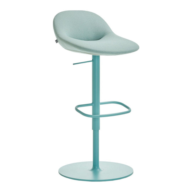 Aqua blue bar stool with smooth, minimalist design and a rounded seat, perfect for modern interiors.