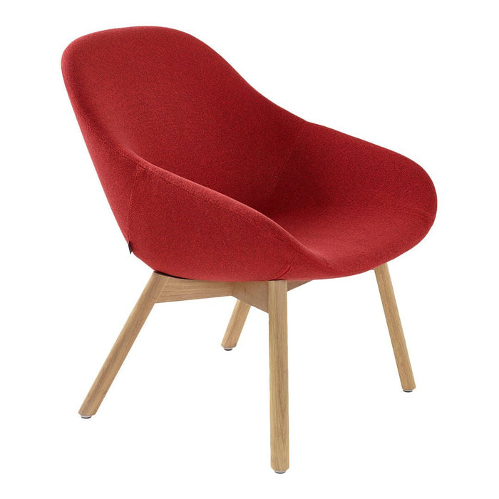 Modern red upholstered chair with a sleek contoured design and natural wood legs, perfect for contemporary decor.