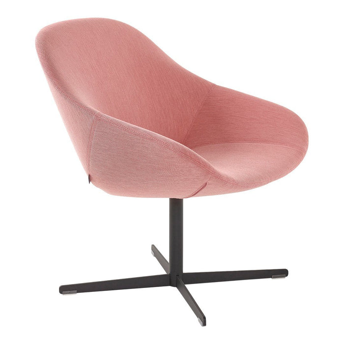 Soft pink upholstered chair with a smooth finish and minimalist black metal base, perfect for modern interiors.