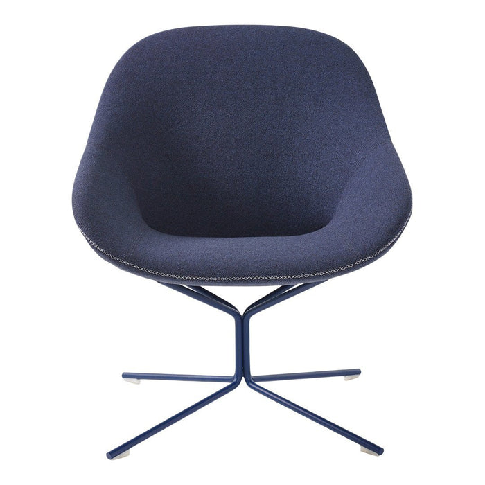 Navy blue upholstered chair with a smooth, contoured design and a sleek, geometric metal base.