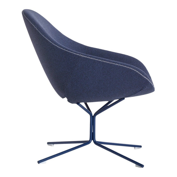 Sleek navy blue chair with a smooth curved design and subtle white stitching on a modern metal base.
