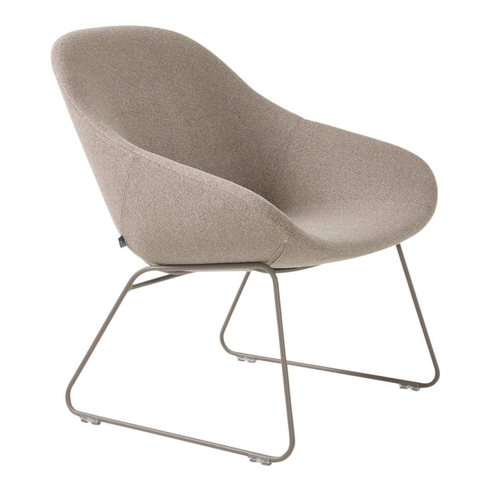 Soft beige upholstered chair with a smooth, curved design and minimalist metal base. Ideal for modern decor.