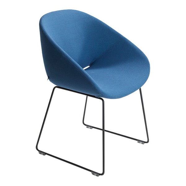 Blue upholstered chair with a smooth, rounded seat and minimalist black metal legs. Ideal for modern decor.