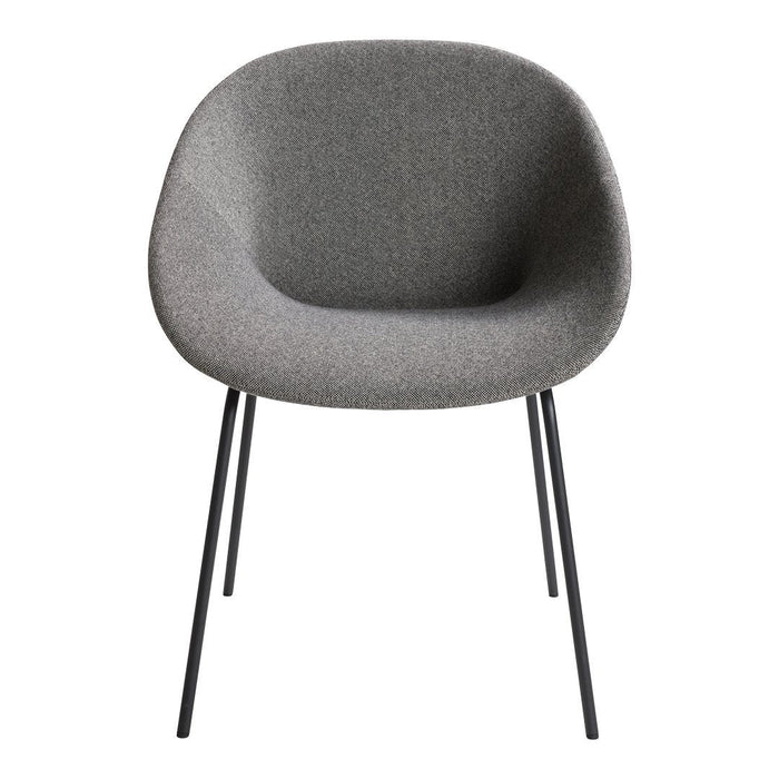 Gray upholstered chair with smooth, rounded edges and black metal legs, perfect for modern décor.
