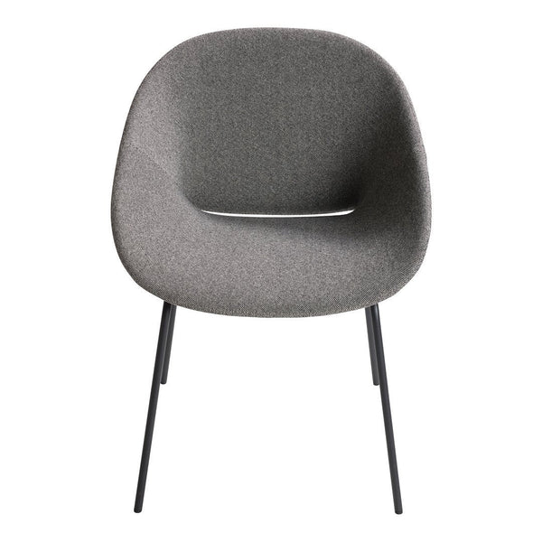 Gray fabric chair with a smooth, rounded design and sleek black legs, perfect for modern interiors.
