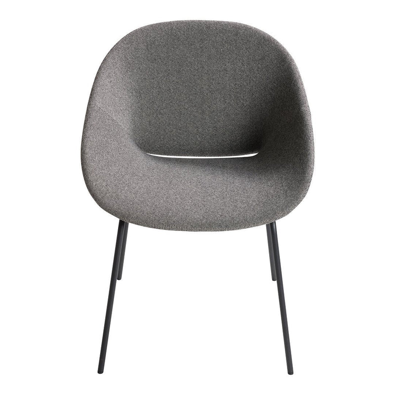 Gray fabric chair with a smooth, rounded design and sleek black legs, perfect for modern interiors.