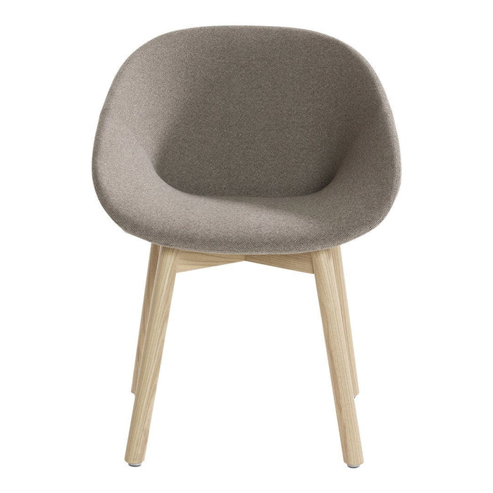 Gray upholstered chair with smooth curves and natural wood legs, perfect for modern decor.