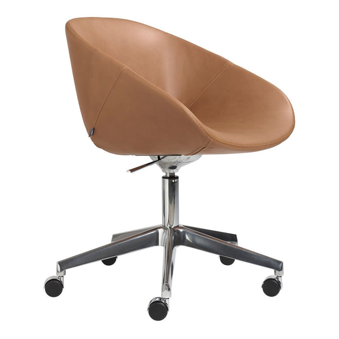 Tan leather swivel chair with a curved design and chrome base, featuring smooth, minimalist lines.