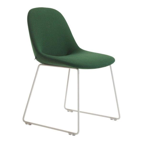 Green upholstered chair with a sleek white metal frame, featuring a minimalist design and smooth, curved silhouette.