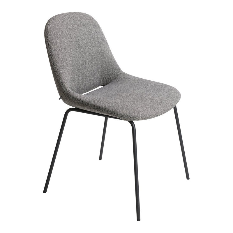 Gray upholstered chair with a smooth texture and sleek black metal legs. Modern and minimalist design.