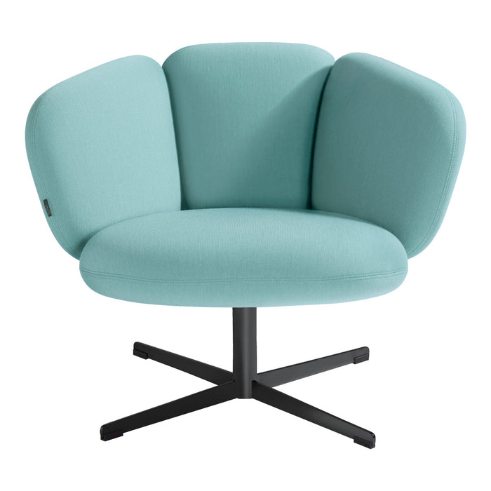Turquoise curved chair with a modern design and black metal base, featuring a smooth, solid fabric upholstery.