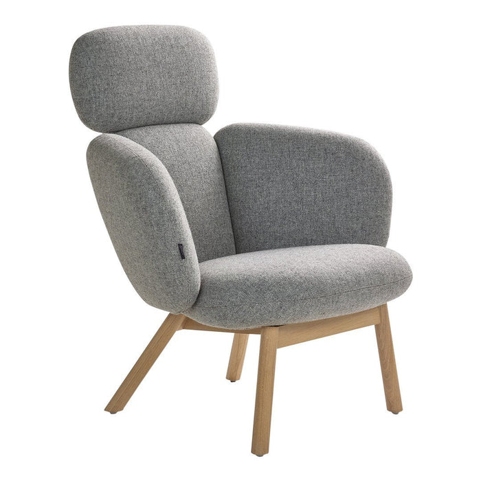 Light gray upholstered chair with a minimalist design and smooth curves, set on natural wood legs.