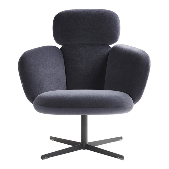 "Modern swivel chair in deep navy upholstery with smooth, minimalist curves and a sleek black base."