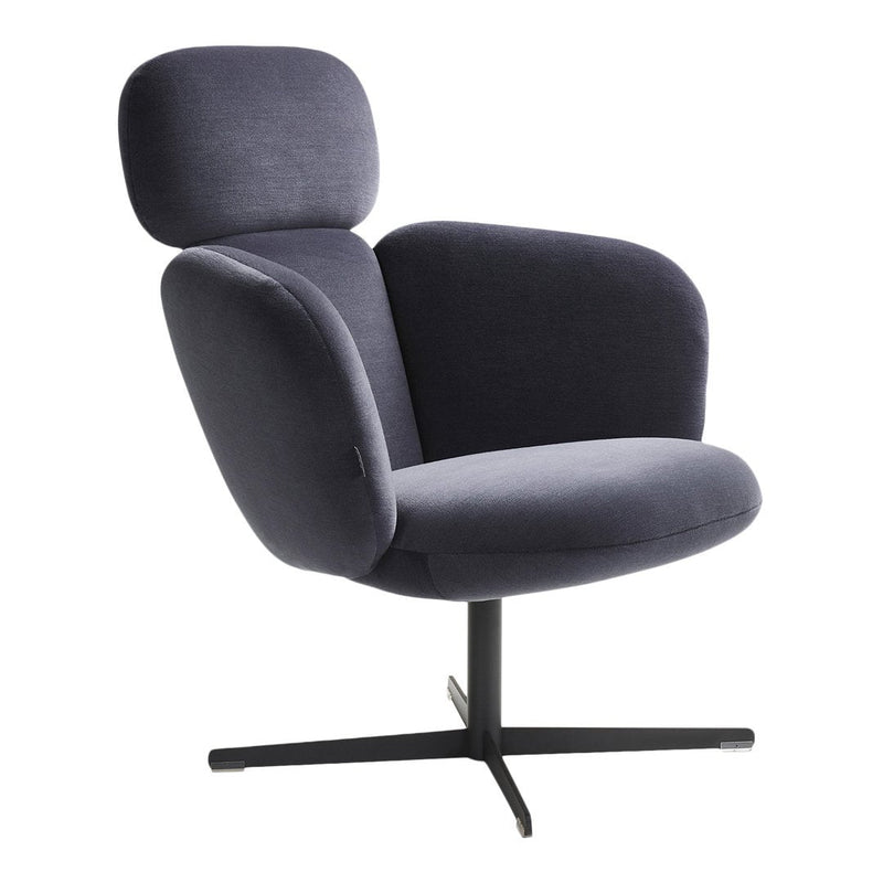 Modern swivel chair in deep gray upholstery with a sleek, minimalist design. Soft, rounded shapes and subtle texture.