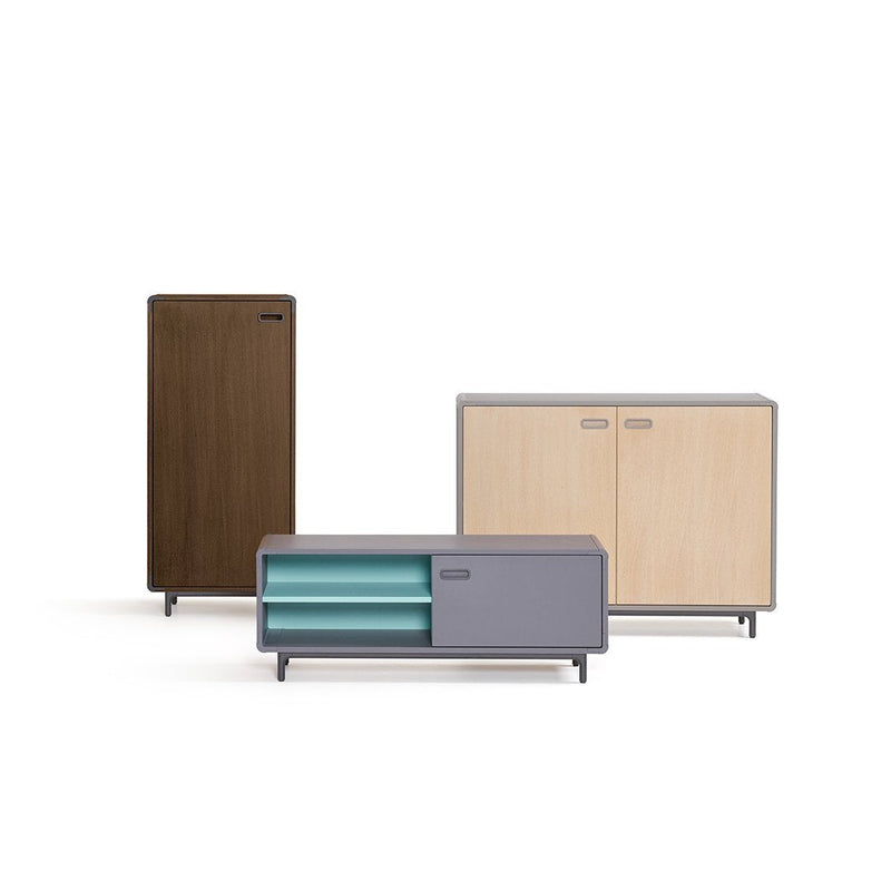 Modern furniture set featuring dark wood, light wood, and gray finishes with teal accents. Sleek, clean lines and minimal patterns.