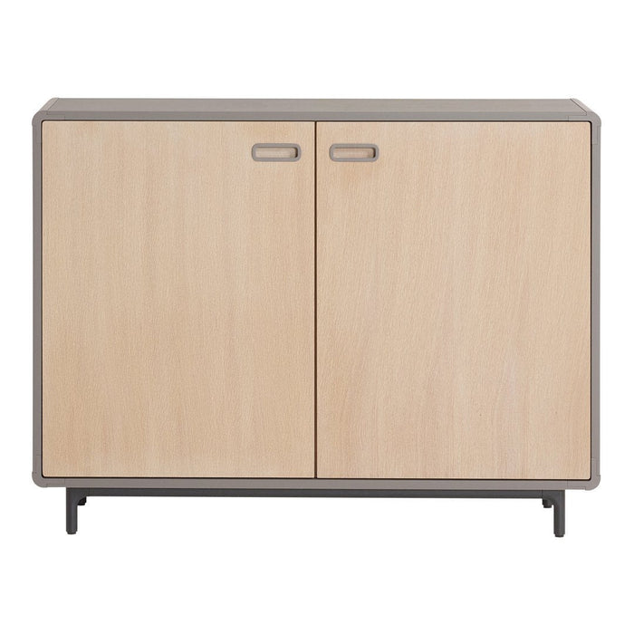Light wood cabinet with a minimalist design, featuring a smooth beige finish and subtle gray accents.