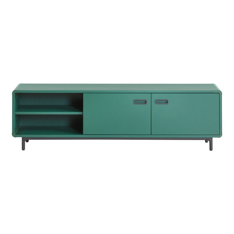 Teal green media console with a sleek, minimalist design, featuring two doors and open shelving.