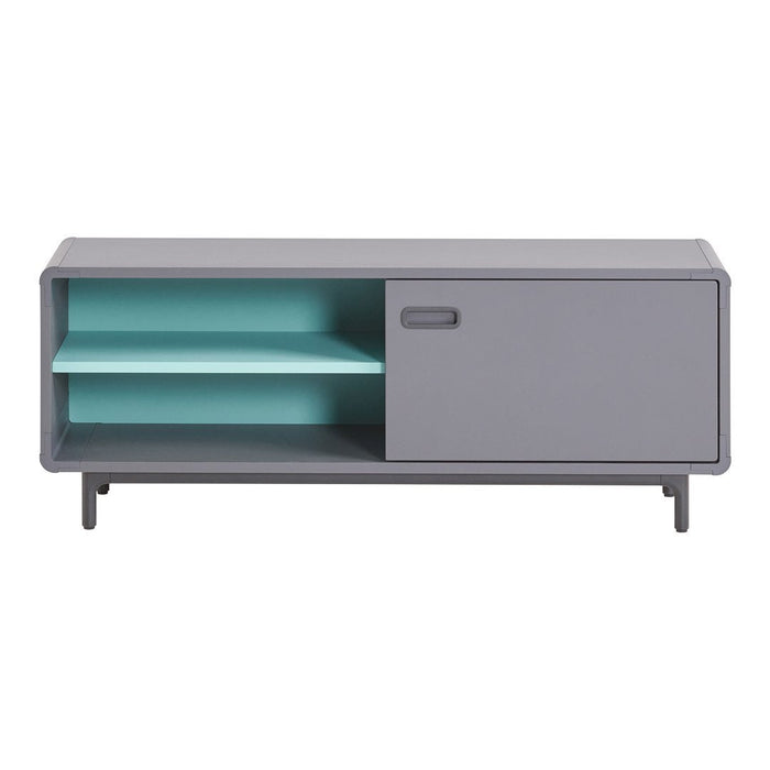 Modern gray media console with aqua blue shelves and sleek design, perfect for stylish home decor.