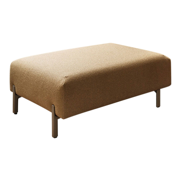 Beige textured ottoman with sleek metal legs, perfect for modern decor.