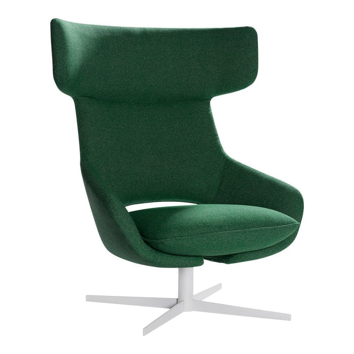 Green upholstered armchair with a modern design and smooth, minimalist lines, set on a sleek white base.