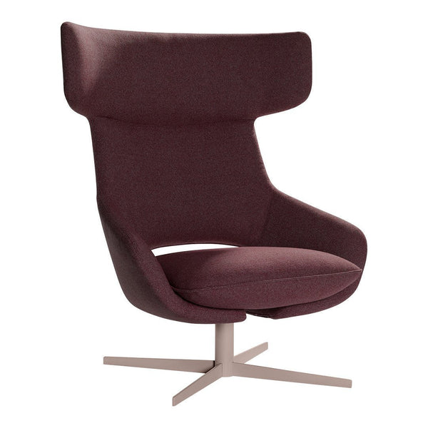 Plum-colored modern armchair with a sleek design and smooth fabric, featuring a contemporary swivel base.