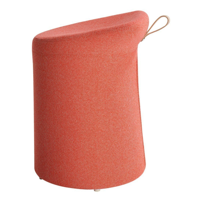 Coral pink textured stool with a smooth, curved top and minimalistic design, featuring a stylish loop handle.