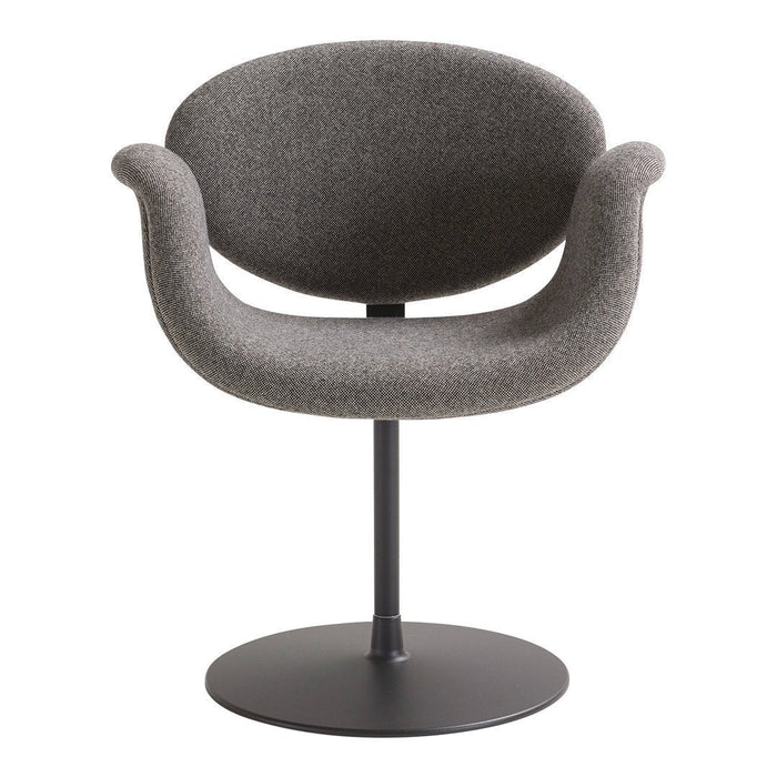 Gray upholstered chair with a smooth, rounded design and a solid black base, perfect for modern decor.