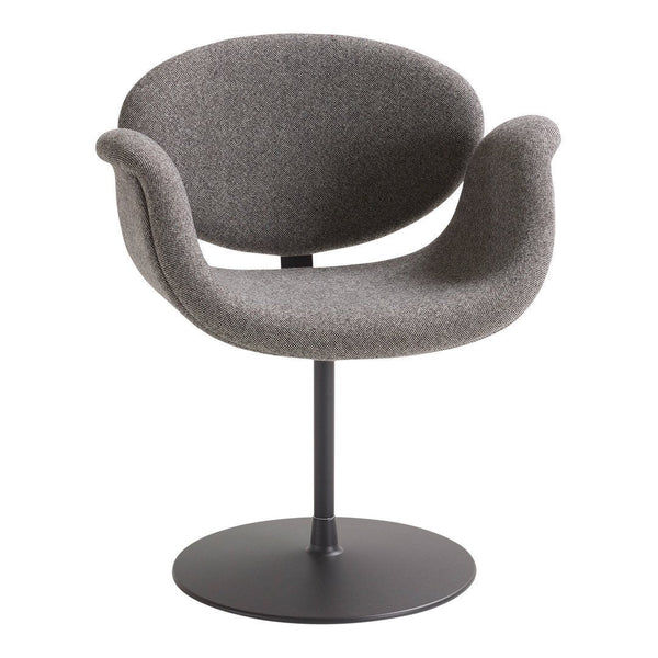 Gray upholstered swivel chair with a smooth, rounded design and a sleek black base. Perfect for modern decor.