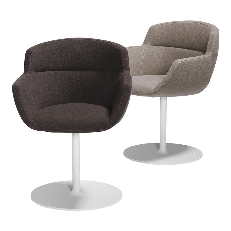 "Stylish chairs in dark brown and light grey fabric, featuring contemporary curved designs and sleek white bases."