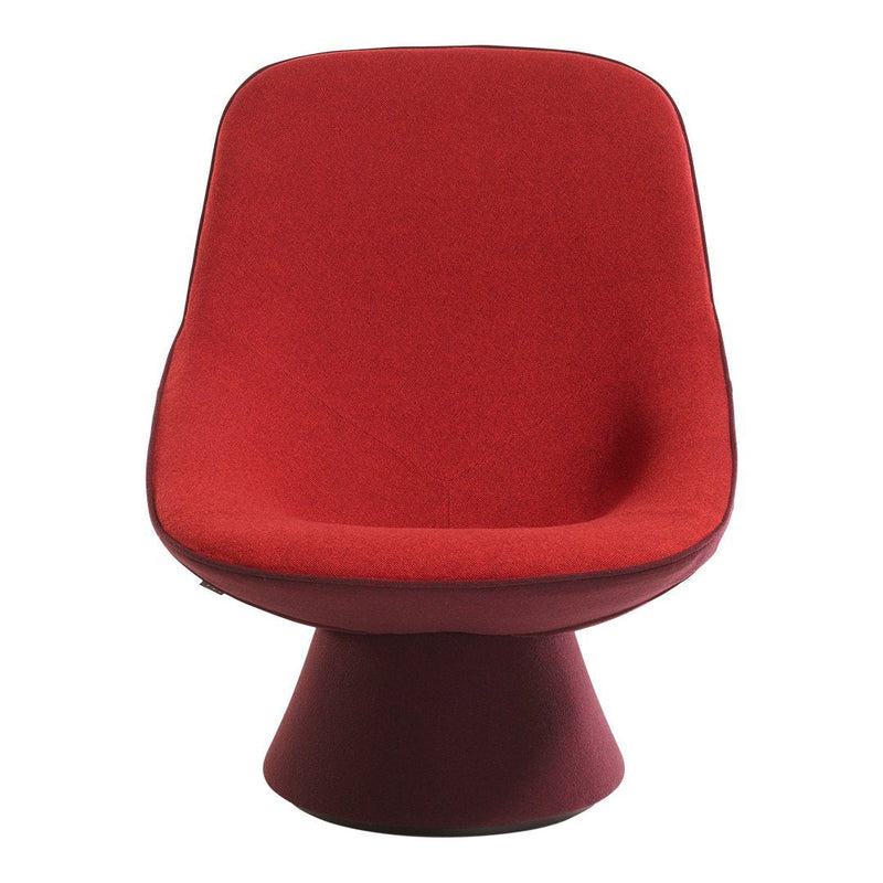 Red upholstered chair with a smooth, contemporary design and a circular base, perfect for modern interiors.