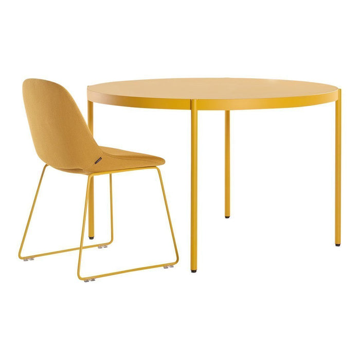 Round yellow dining table with a matching yellow chair, featuring a solid color design and minimalist style.