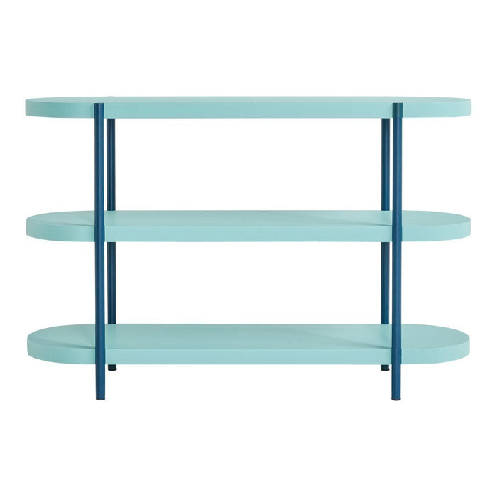 Aqua blue three-tier shelf with navy blue metal supports, featuring smooth, modern design lines.
