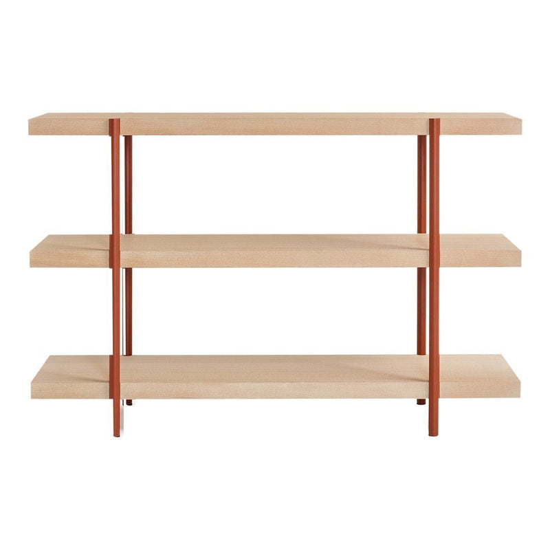 Natural wood shelves with a light maple finish and contrasting rust-colored metal supports. Simple and modern design.