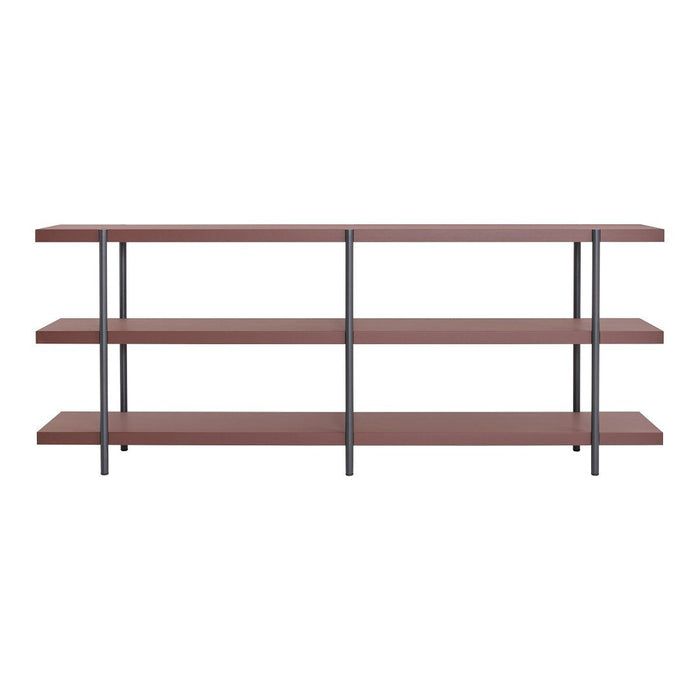 Brown wooden shelves with a sleek black metal frame, featuring a minimalist design and simple, modern lines.
