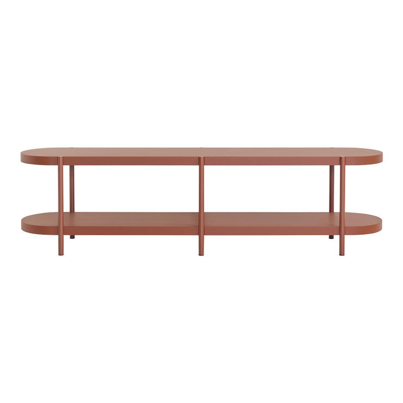 Modern brown rectangular TV stand with a smooth finish and sleek design, featuring two lower shelves.