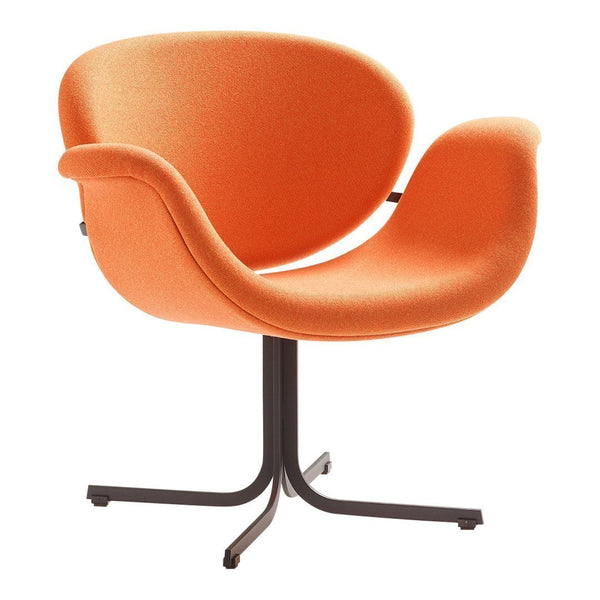 Vibrant orange fabric chair with smooth, curved design and a sleek black metal base. Stylish and modern accent piece.