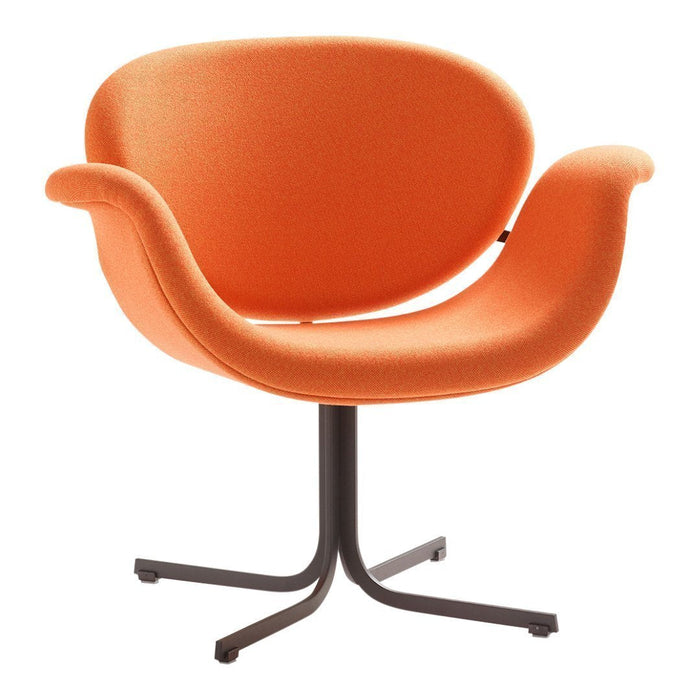 Orange upholstered chair with a sleek black metal base, featuring a smooth, modern design. Perfect for contemporary decor.