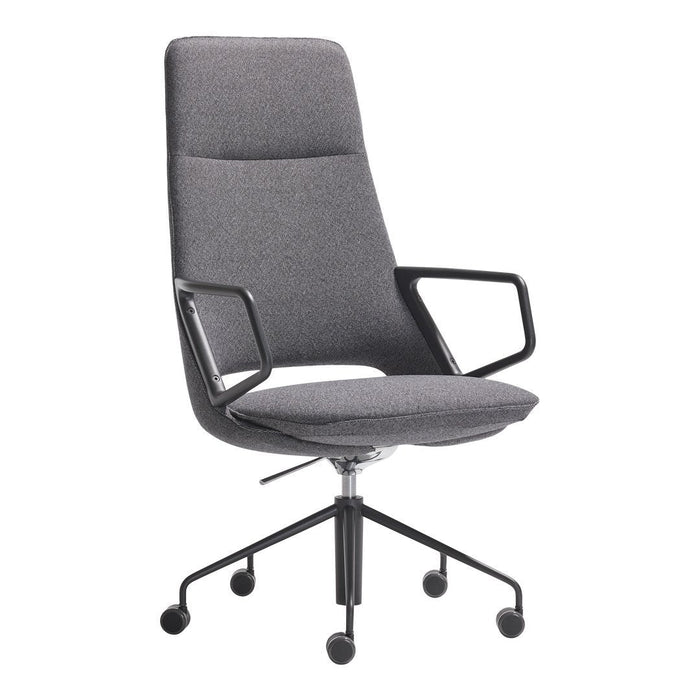 Gray high-back office chair with clean lines and subtle textured fabric, featuring black armrests and base.