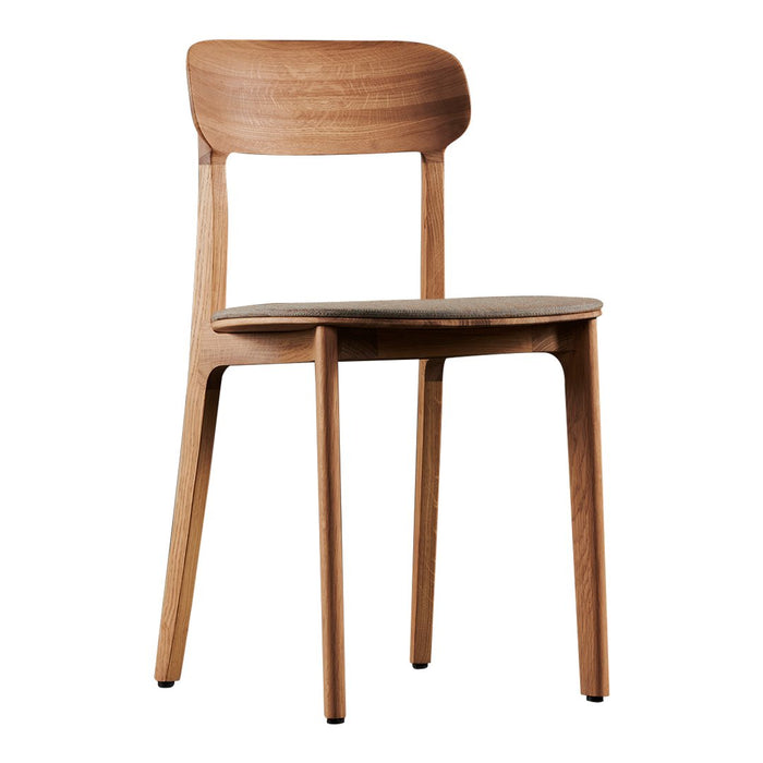 Natural wood grain chair in light brown tones with a smooth, minimalist design and curved backrest.