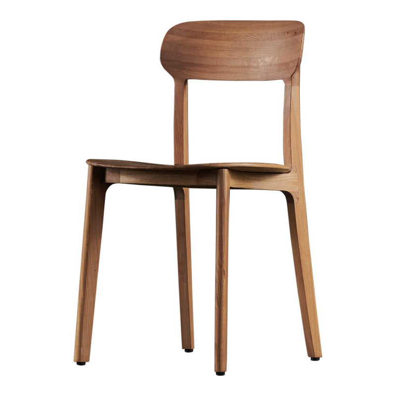Natural wood chair with a smooth finish, showcasing warm brown tones and a minimalist design. No patterns.