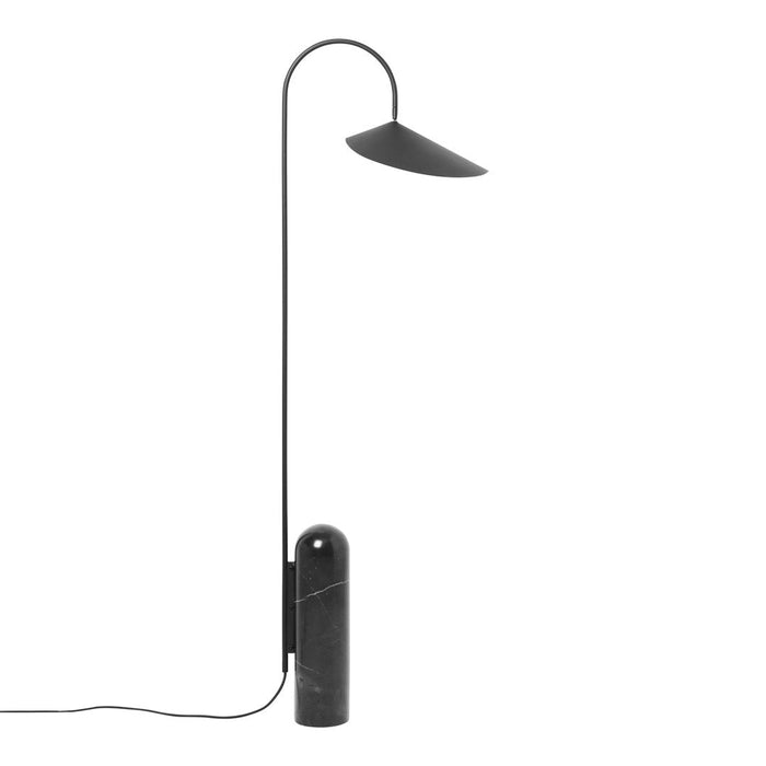 Sleek black floor lamp with a minimalist design featuring a curved neck and geometric shade against a smooth base.