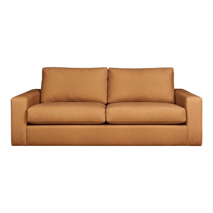 Stylish tan sofa with a smooth, solid fabric, featuring minimalist design and plush cushions for comfort.