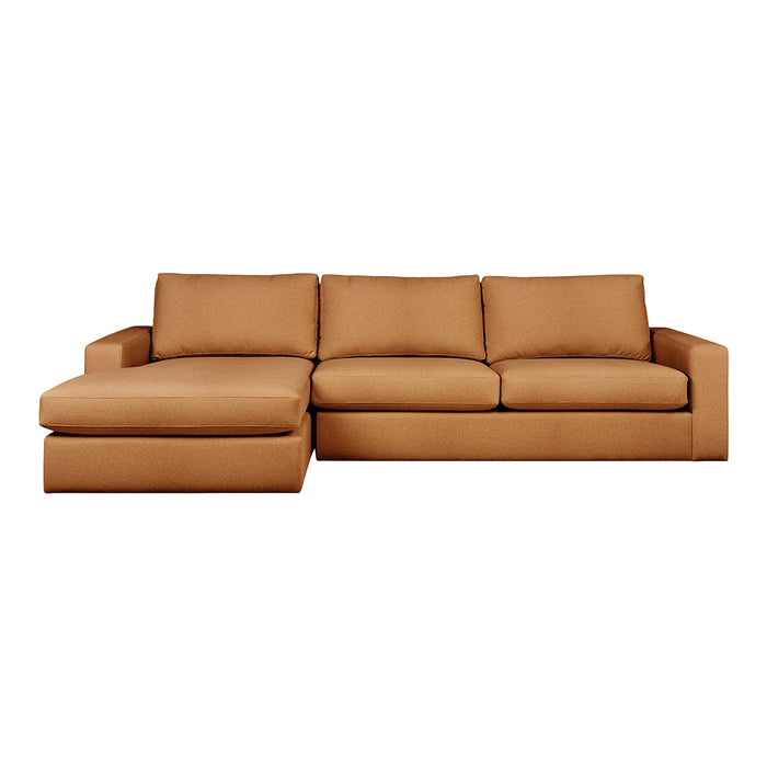 Modern tan sectional sofa with clean lines and plush cushions, perfect for cozy living spaces.