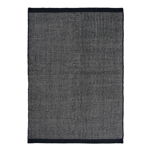 Textured gray rug with a dark border, featuring a subtle pattern for a modern, sophisticated look.